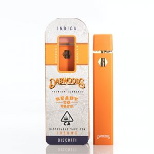 Dabwoods Disposable Biscotti full gram vapes. Biscotti is a potent indica-dominant hybrid marijuana strain made by crossing Gelato 25 with Sour Florida OG.